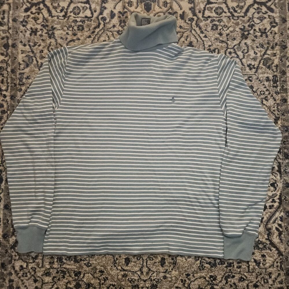 VTG Polo Sport Ralph Lauren Striped Turtleneck Long Sleeve Blue White Mens M